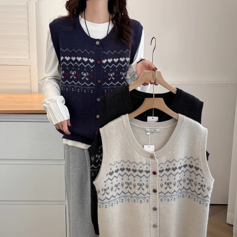 漾貝比【9155762】中大尺碼女裝 法式復古愛心蝴蝶結毛織保暖背心 (38-52)-細節圖3