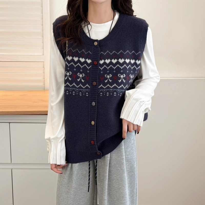 漾貝比【9155762】中大尺碼女裝 法式復古愛心蝴蝶結毛織保暖背心 (38-52)-細節圖4