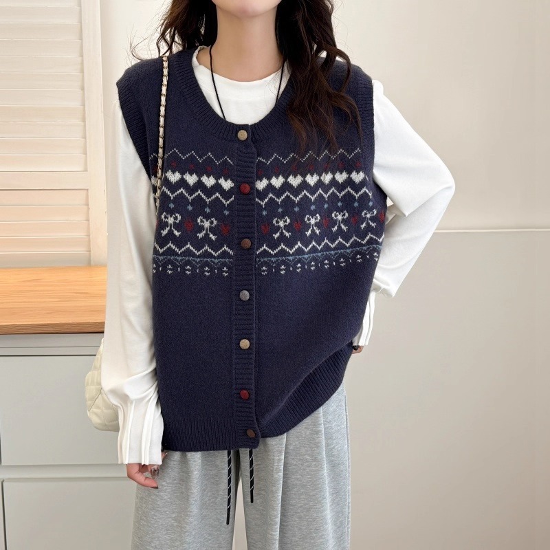 漾貝比【9155762】中大尺碼女裝 法式復古愛心蝴蝶結毛織保暖背心 (38-52)-細節圖5