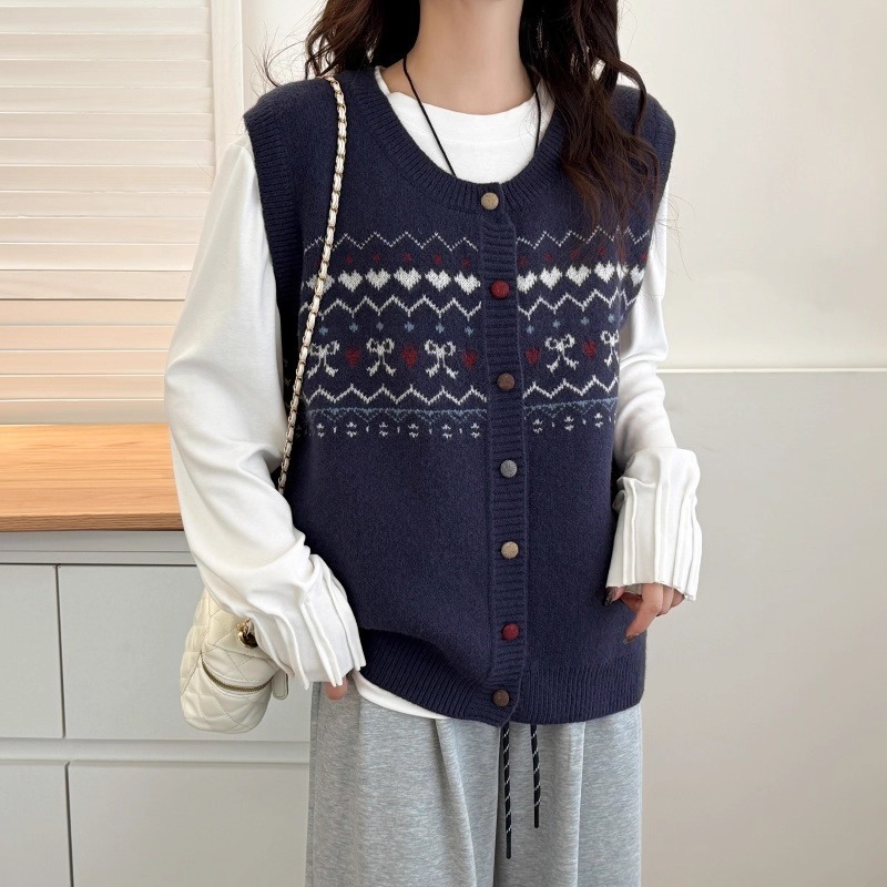 漾貝比【9155762】中大尺碼女裝 法式復古愛心蝴蝶結毛織保暖背心 (38-52)-細節圖6