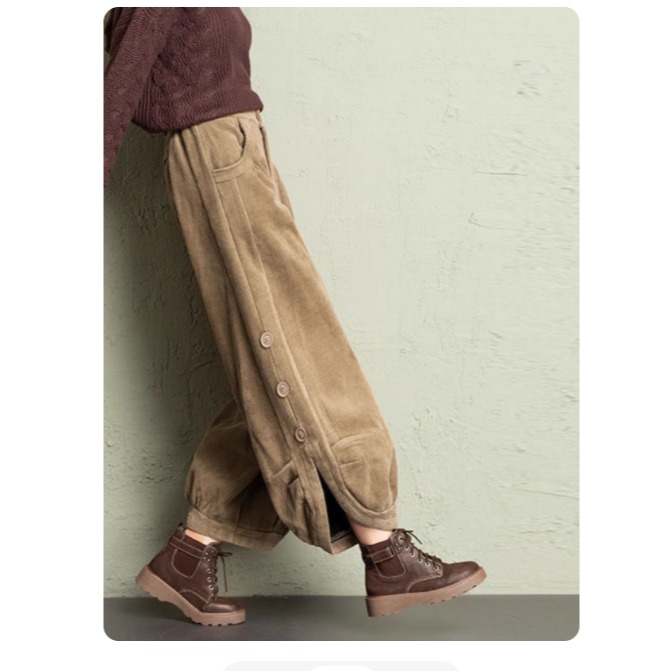 漾貝比【9155772】中大尺碼女裝 鬆緊鬱金香下襬大釦燈芯絨八分褲．共2色 (29-36)-細節圖5