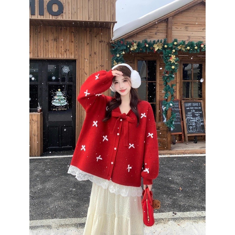 漾貝比【9155781】中大尺碼女裝 V領開襟綁結滿滿蝴蝶結毛衣(40-54)-細節圖6