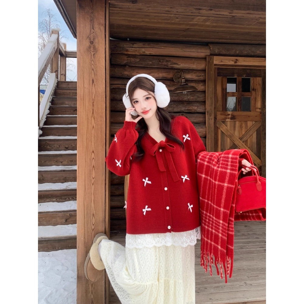 漾貝比【9155781】中大尺碼女裝 V領開襟綁結滿滿蝴蝶結毛衣(40-54)-細節圖7