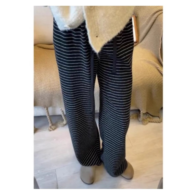 漾貝比【9155783】中大尺碼女裝 韓版復古條紋加絨保暖直筒闊腿褲 (33-40)-細節圖2