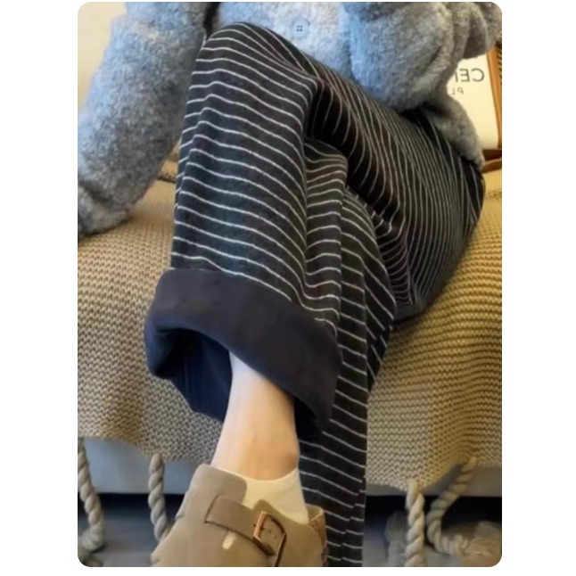 漾貝比【9155783】中大尺碼女裝 韓版復古條紋加絨保暖直筒闊腿褲 (33-40)-細節圖3