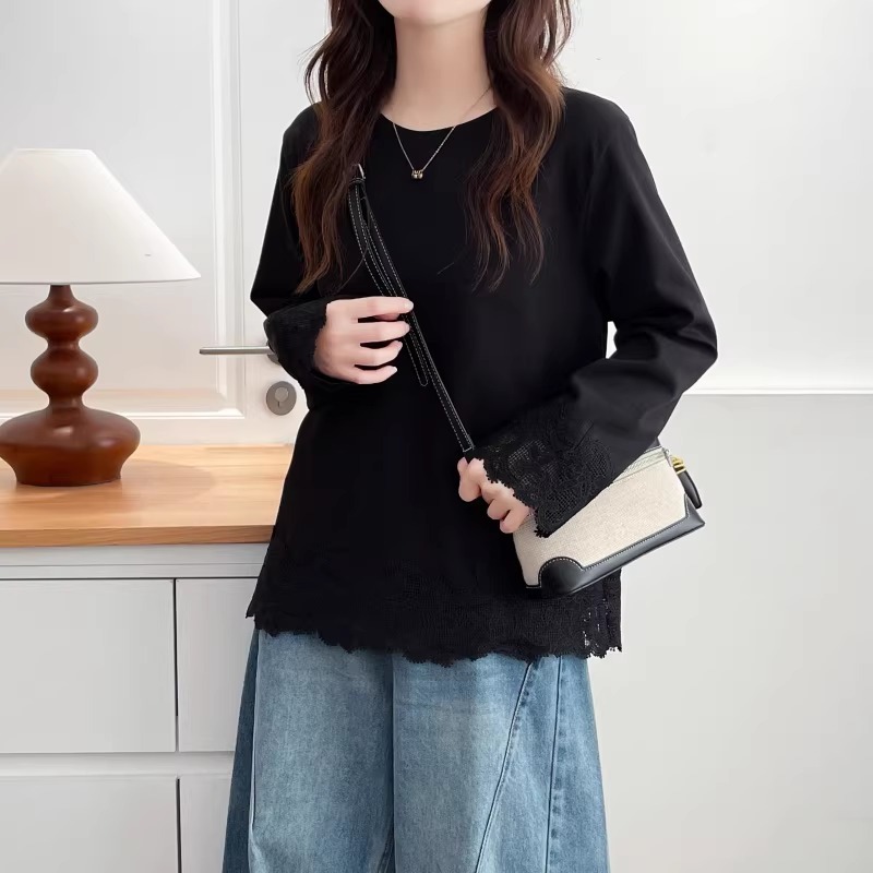 漾貝比【9155785】中大尺碼女裝 圓領下襬袖口拼接花邊蕾絲棉上衣．共2色(38-54)-細節圖2