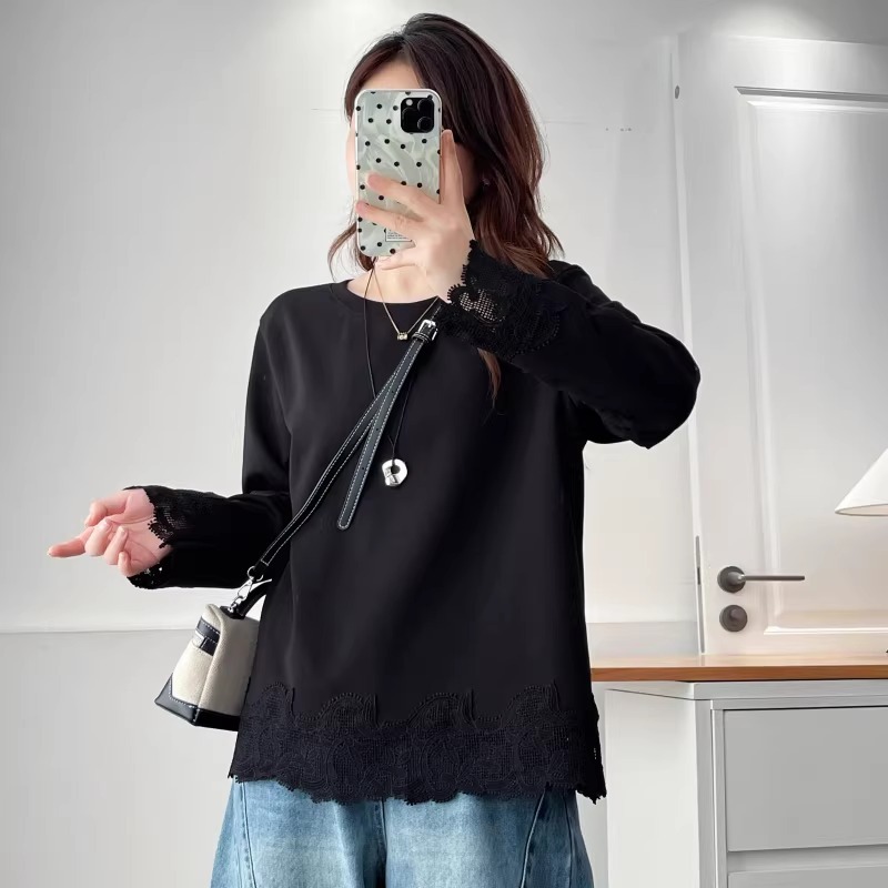 漾貝比【9155785】中大尺碼女裝 圓領下襬袖口拼接花邊蕾絲棉上衣．共2色(38-54)-細節圖4