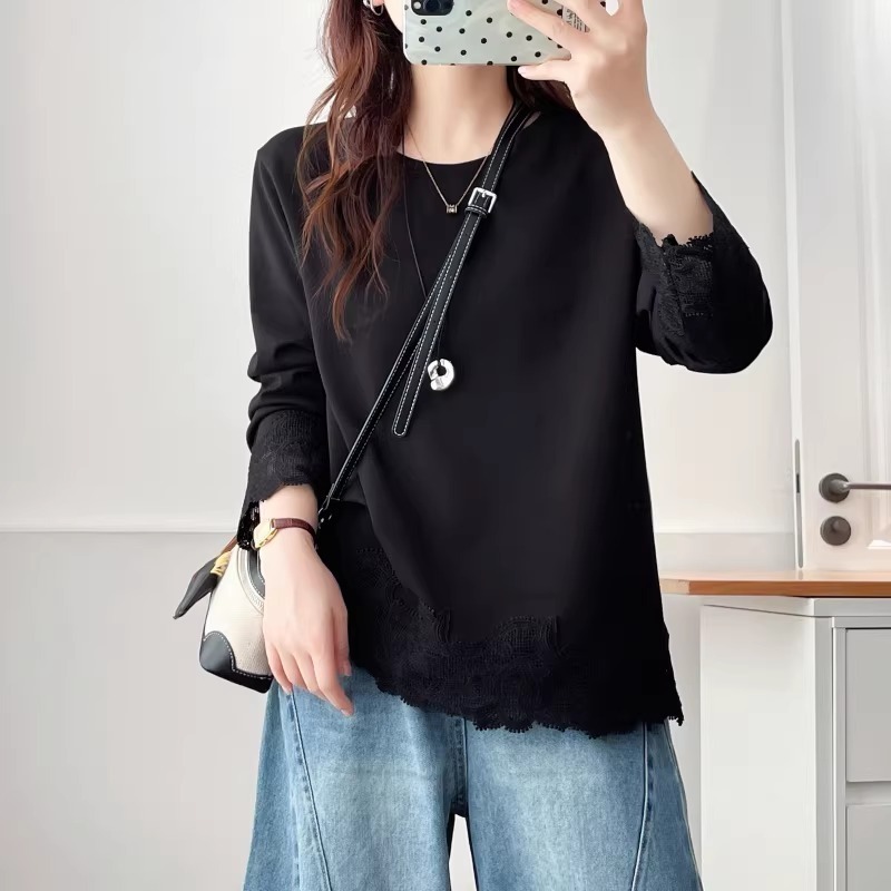 漾貝比【9155785】中大尺碼女裝 圓領下襬袖口拼接花邊蕾絲棉上衣．共2色(38-54)-細節圖3