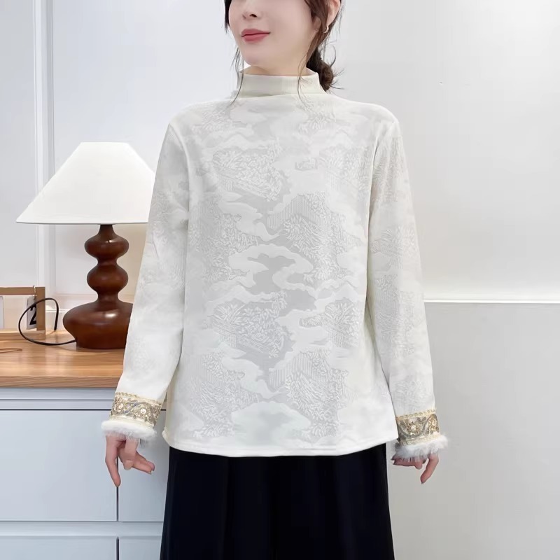 漾貝比【9155786】中大尺碼女裝 袖口繡金邊花蕾絲緹花加絨上衣．共2色(36-52)-細節圖6