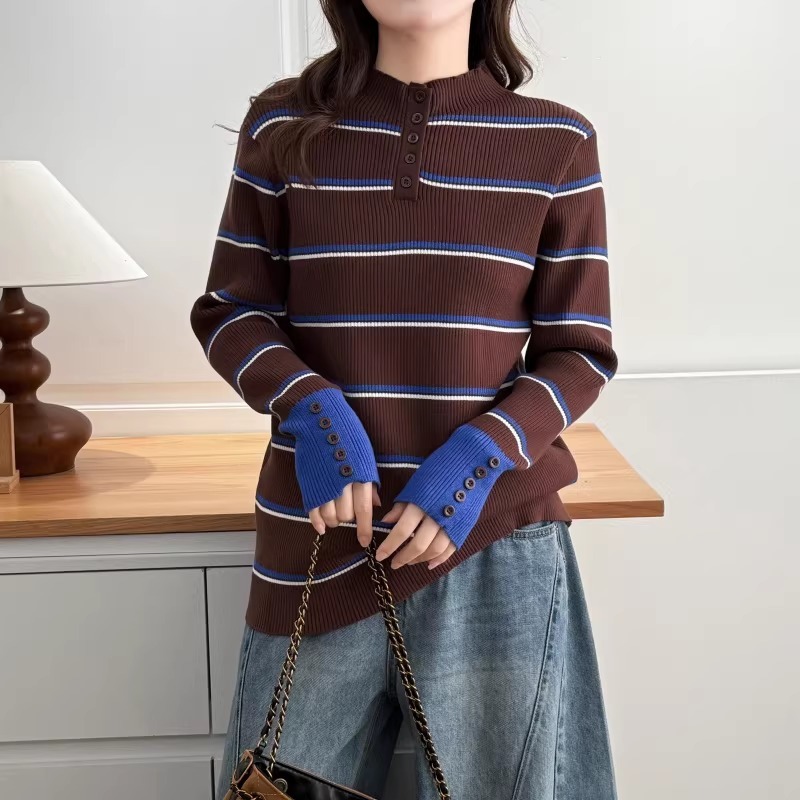 漾貝比【9155787】中大尺碼女裝 半高領鈕扣撞色條紋針織毛衣(36-49)-細節圖5