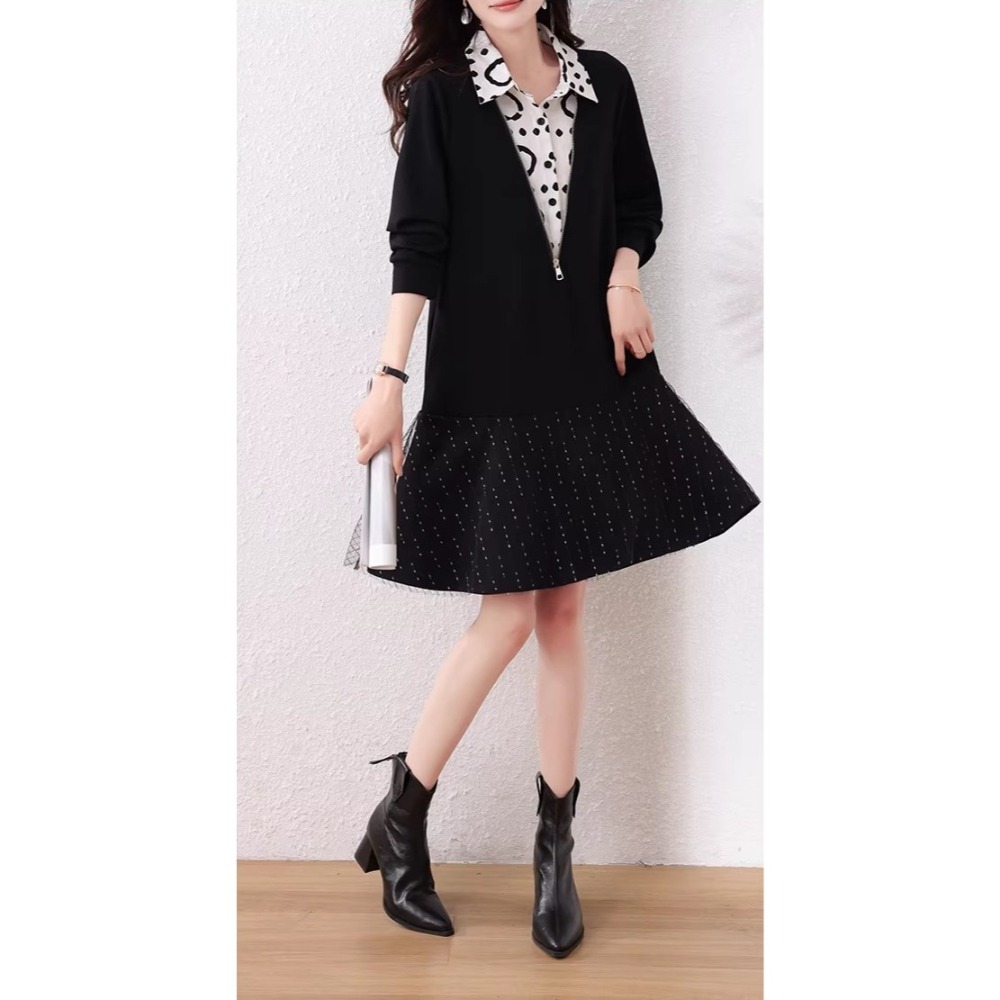 漾貝比【9155789】中大尺碼女裝 襯衫拼接深V領紗裙下襬假兩件式洋裝．黑(38-47)-細節圖2