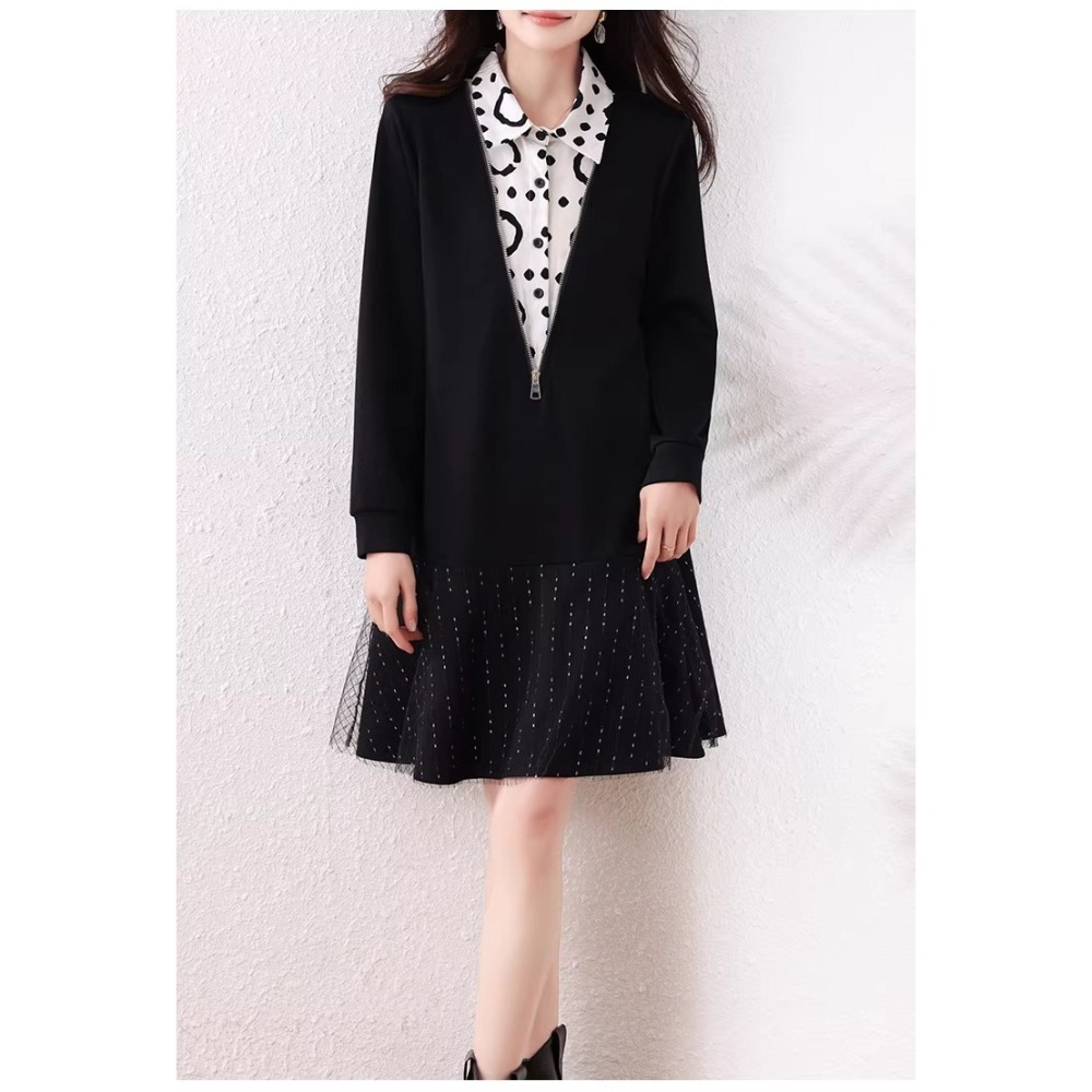 漾貝比【9155789】中大尺碼女裝 襯衫拼接深V領紗裙下襬假兩件式洋裝．黑(38-47)-細節圖3