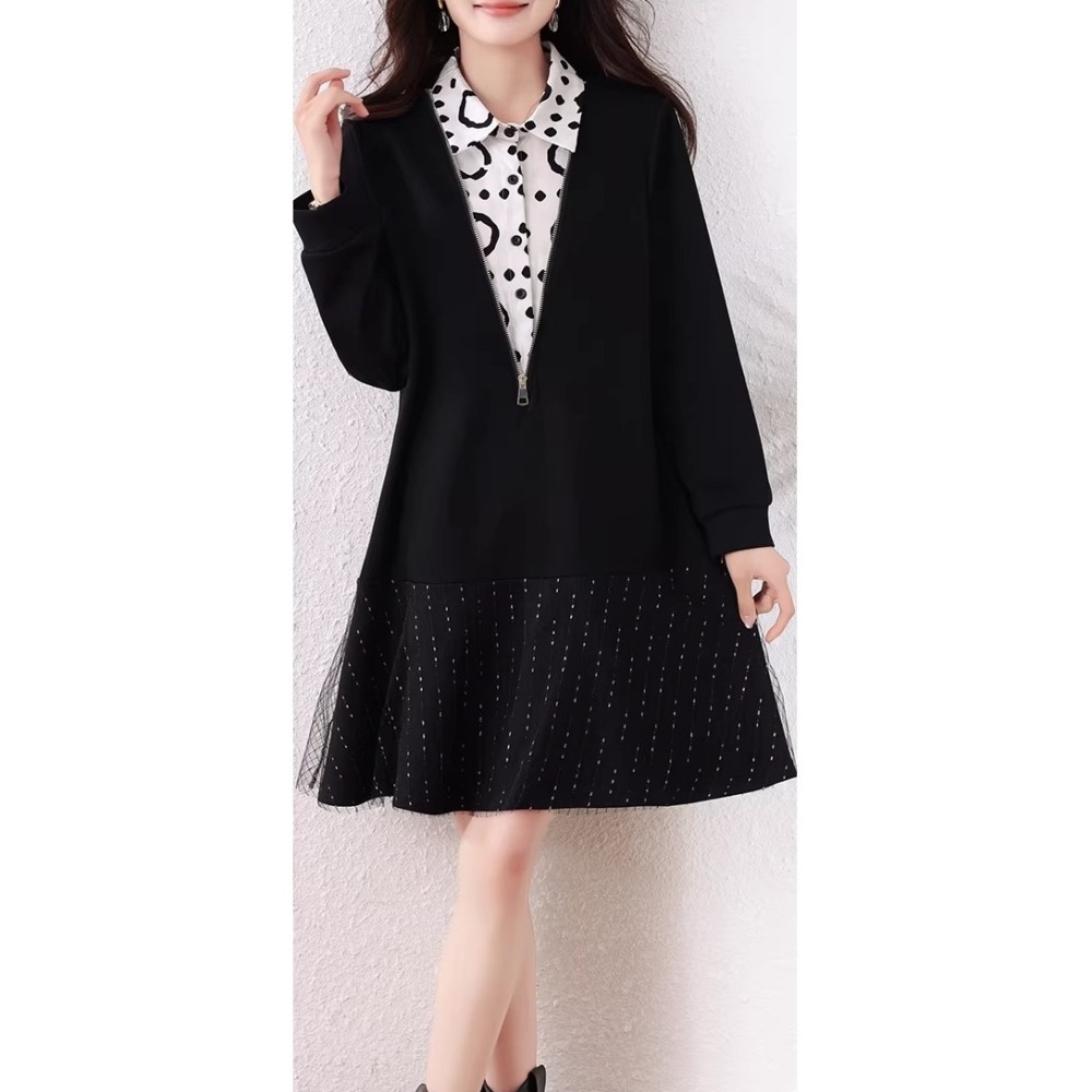 漾貝比【9155789】中大尺碼女裝 襯衫拼接深V領紗裙下襬假兩件式洋裝．黑(38-47)-細節圖4