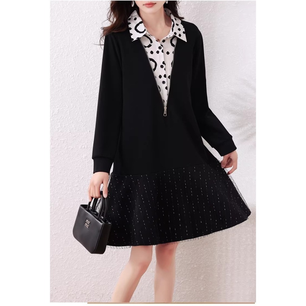 漾貝比【9155789】中大尺碼女裝 襯衫拼接深V領紗裙下襬假兩件式洋裝．黑(38-47)-細節圖5