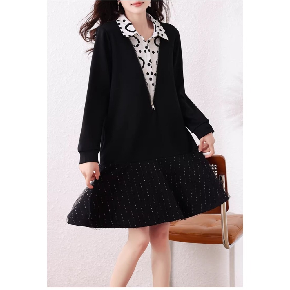 漾貝比【9155789】中大尺碼女裝 襯衫拼接深V領紗裙下襬假兩件式洋裝．黑(38-47)-細節圖6