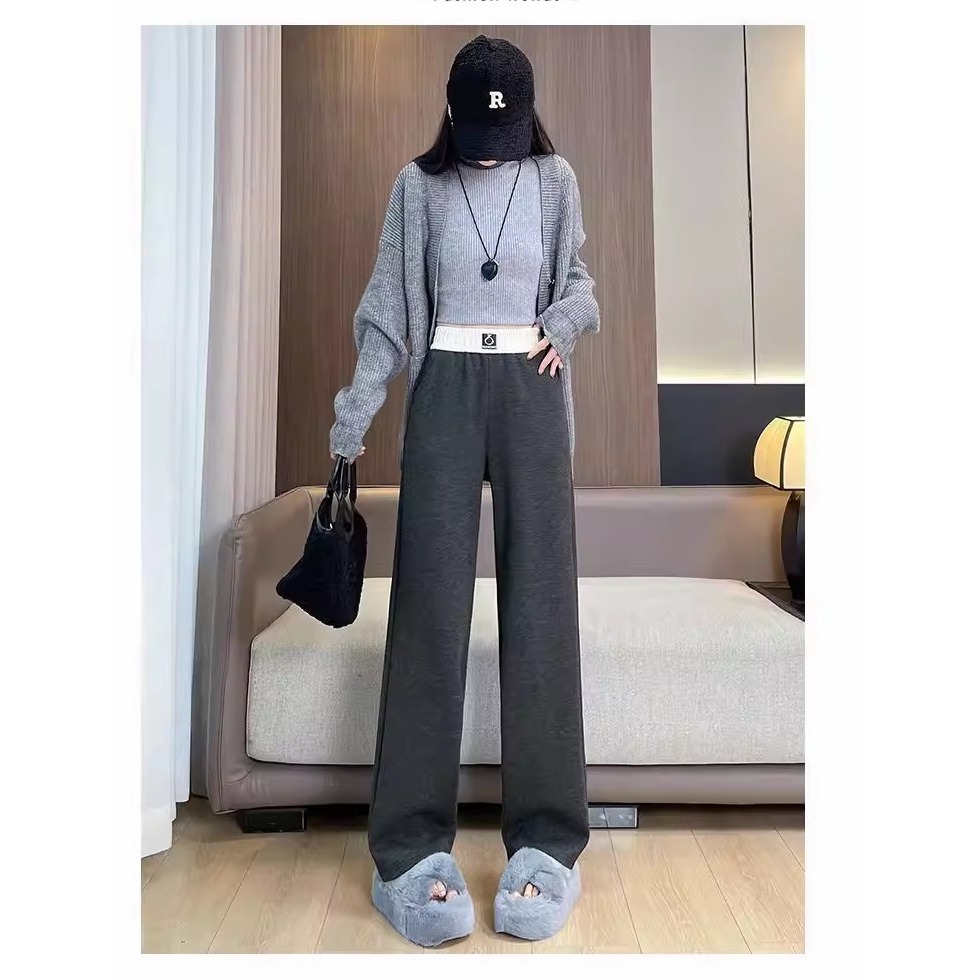 漾貝比【9155792】中大尺碼女裝 撞色鬆緊人字紋寬鬆直筒加絨加厚休閒褲(28-44)-細節圖2