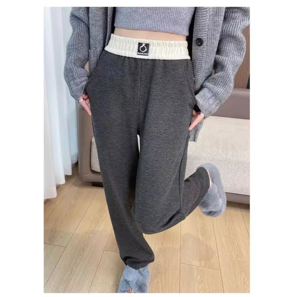 漾貝比【9155792】中大尺碼女裝 撞色鬆緊人字紋寬鬆直筒加絨加厚休閒褲(28-44)-細節圖4