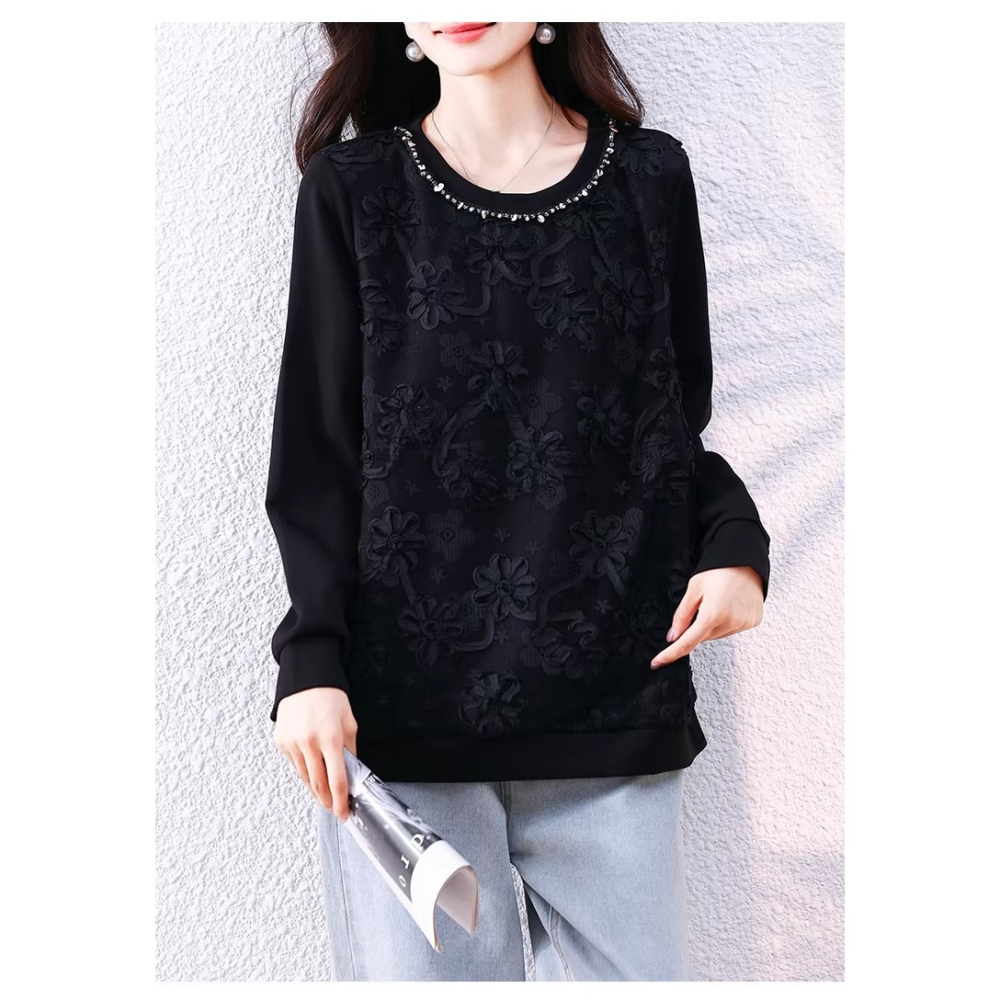 漾貝比【9155794】中大尺碼女裝 圓領釘珠時尚拼接花蕾絲織衣上衣(36-46)-細節圖5