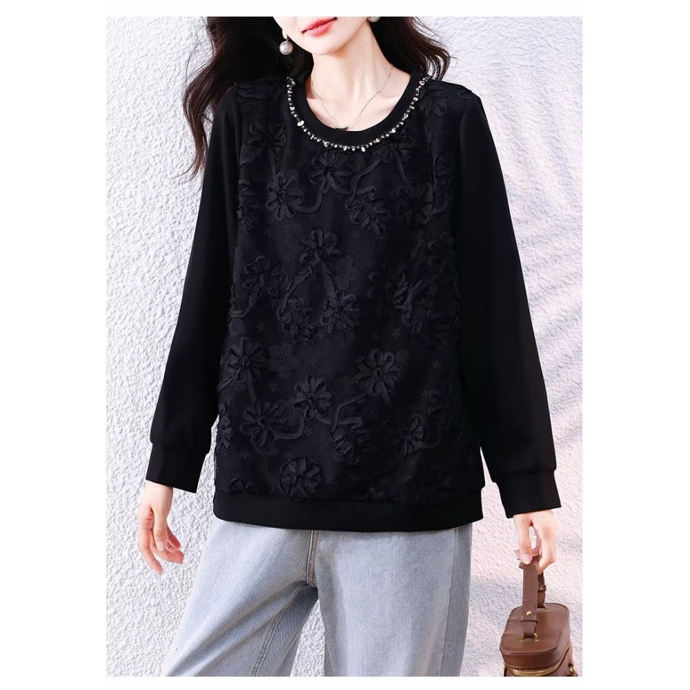 漾貝比【9155794】中大尺碼女裝 圓領釘珠時尚拼接花蕾絲織衣上衣(36-46)-細節圖7