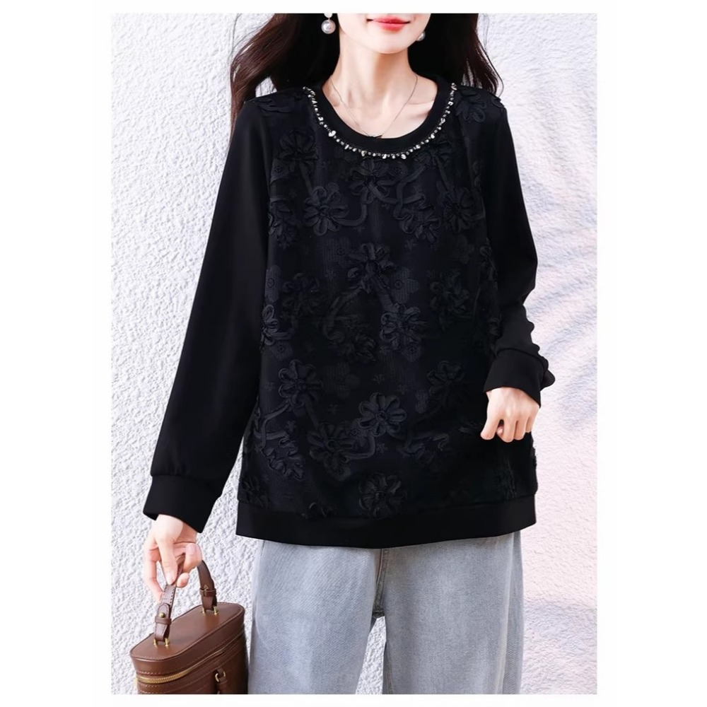 漾貝比【9155794】中大尺碼女裝 圓領釘珠時尚拼接花蕾絲織衣上衣(36-46)-細節圖2