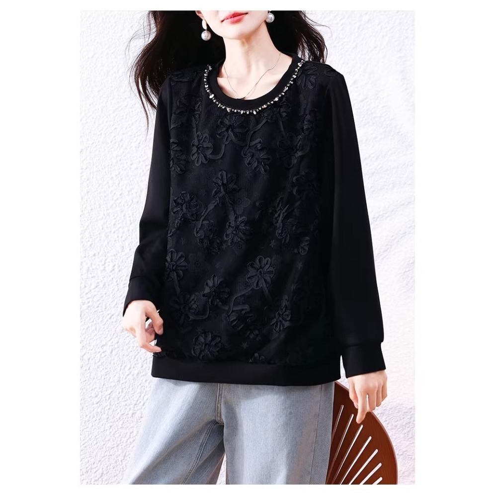 漾貝比【9155794】中大尺碼女裝 圓領釘珠時尚拼接花蕾絲織衣上衣(36-46)-細節圖3