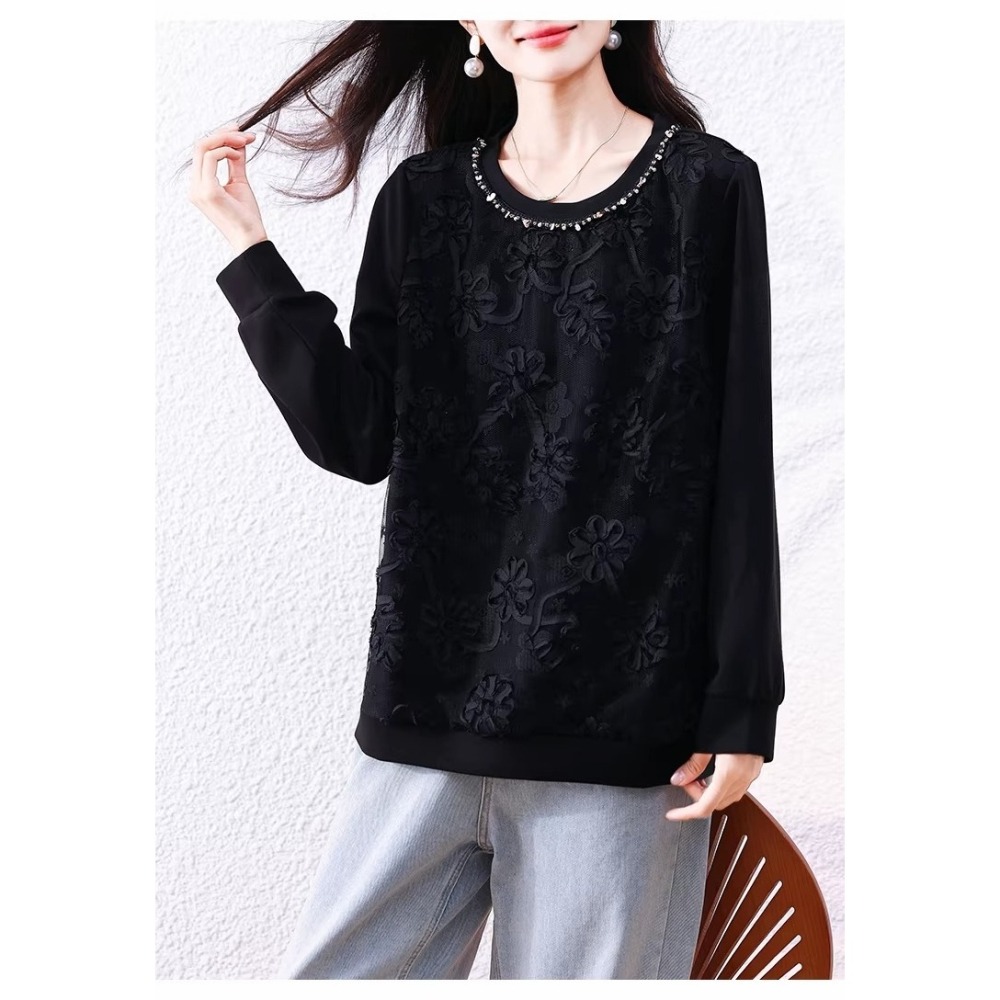 漾貝比【9155794】中大尺碼女裝 圓領釘珠時尚拼接花蕾絲織衣上衣(36-46)-細節圖6