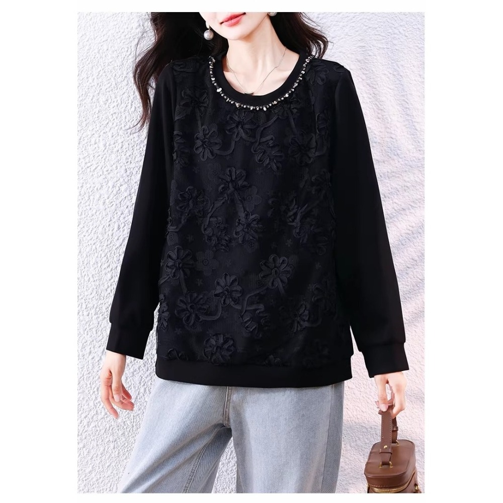 漾貝比【9155794】中大尺碼女裝 圓領釘珠時尚拼接花蕾絲織衣上衣(36-46)-細節圖7