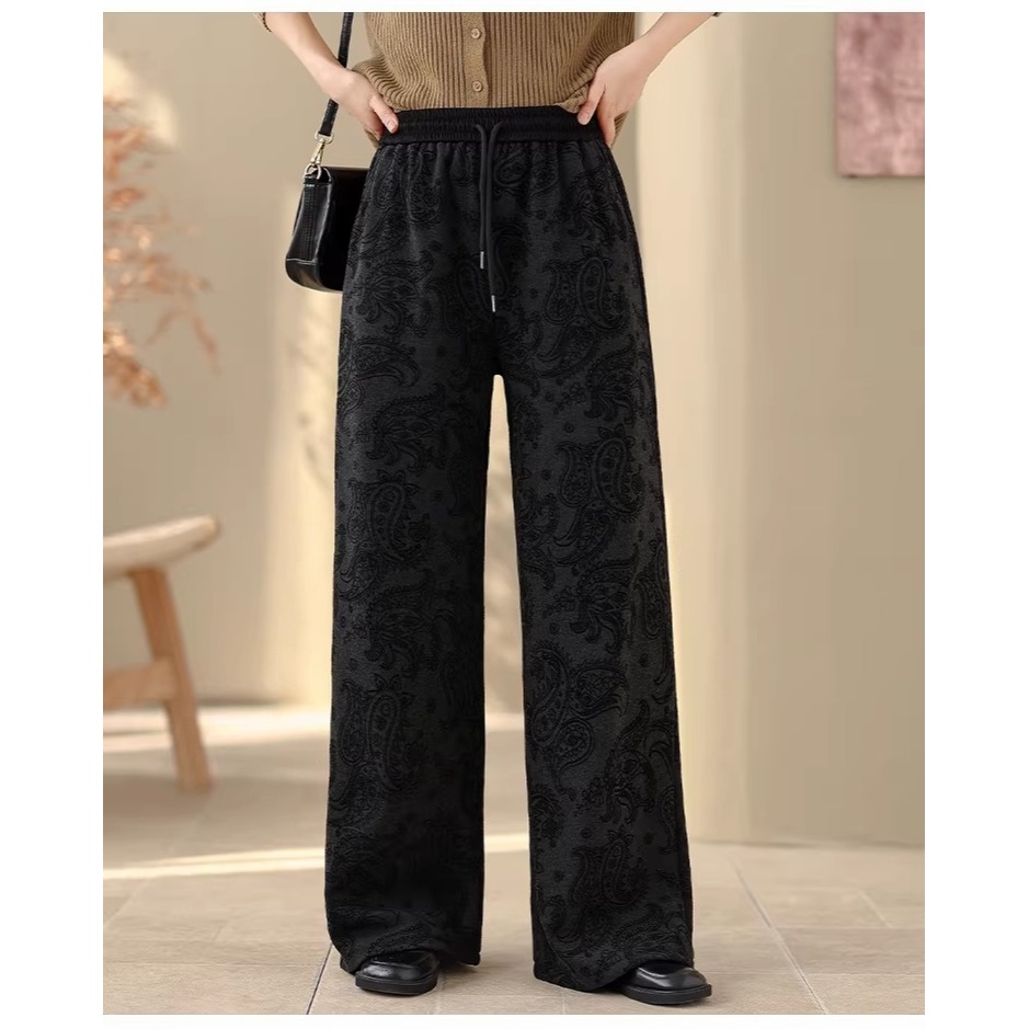 漾貝比【9155795】中大尺碼女裝 鬆緊腰綁帶深灰緹花拖地加絨直筒褲(30-38)-細節圖2