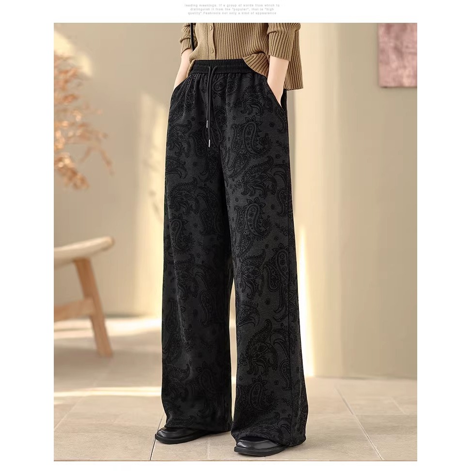 漾貝比【9155795】中大尺碼女裝 鬆緊腰綁帶深灰緹花拖地加絨直筒褲(30-38)-細節圖3