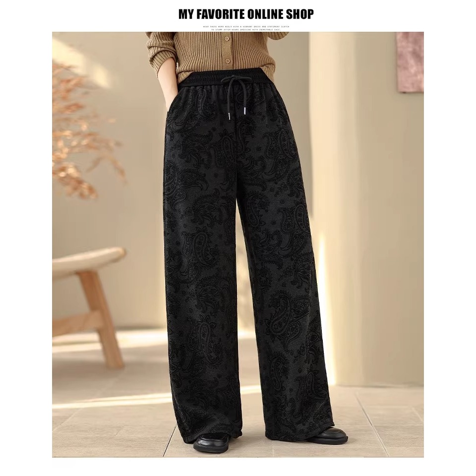 漾貝比【9155795】中大尺碼女裝 鬆緊腰綁帶深灰緹花拖地加絨直筒褲(30-38)-細節圖4