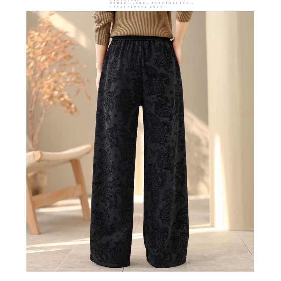 漾貝比【9155795】中大尺碼女裝 鬆緊腰綁帶深灰緹花拖地加絨直筒褲(30-38)-細節圖6