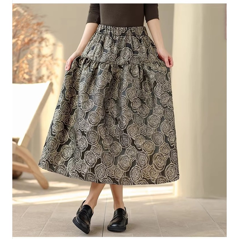 漾貝比【9155796】中大尺碼女裝 氣質鬆緊腰浮雕緹花中長版蓬蓬裙(28-38)-細節圖2