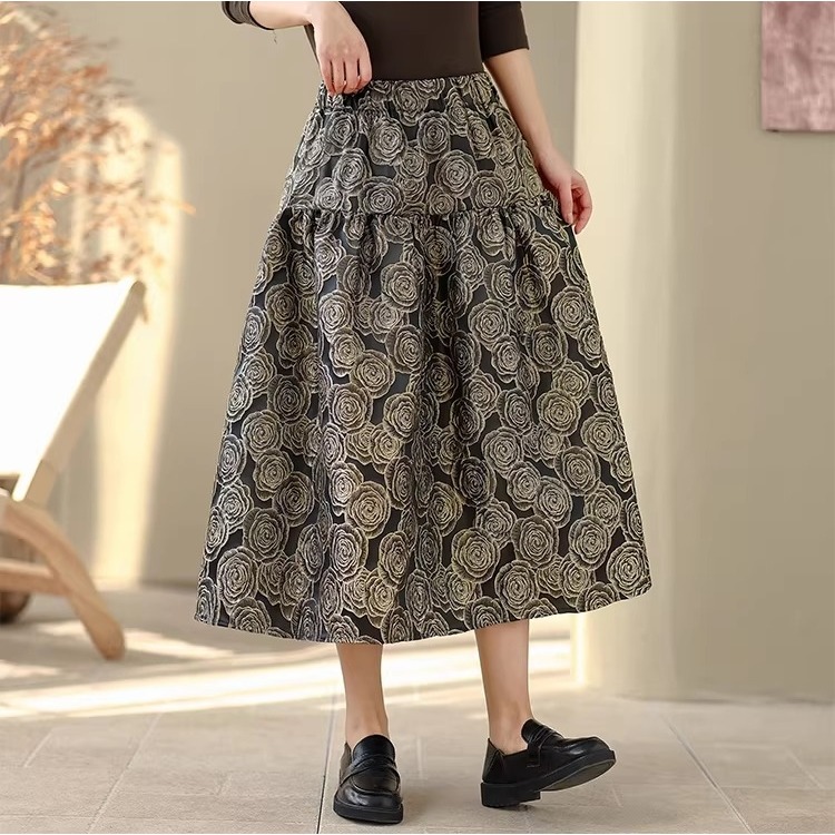 漾貝比【9155796】中大尺碼女裝 氣質鬆緊腰浮雕緹花中長版蓬蓬裙(28-38)-細節圖3