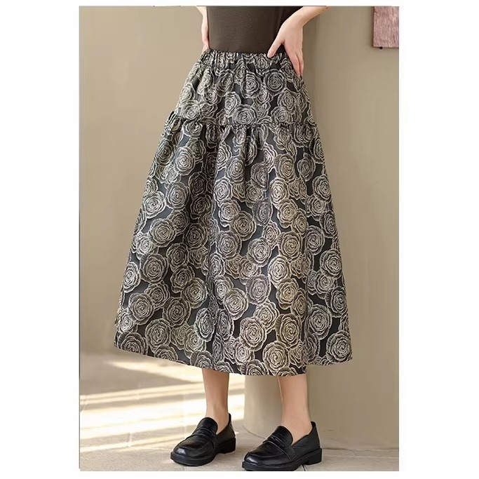 漾貝比【9155796】中大尺碼女裝 氣質鬆緊腰浮雕緹花中長版蓬蓬裙(28-38)-細節圖4