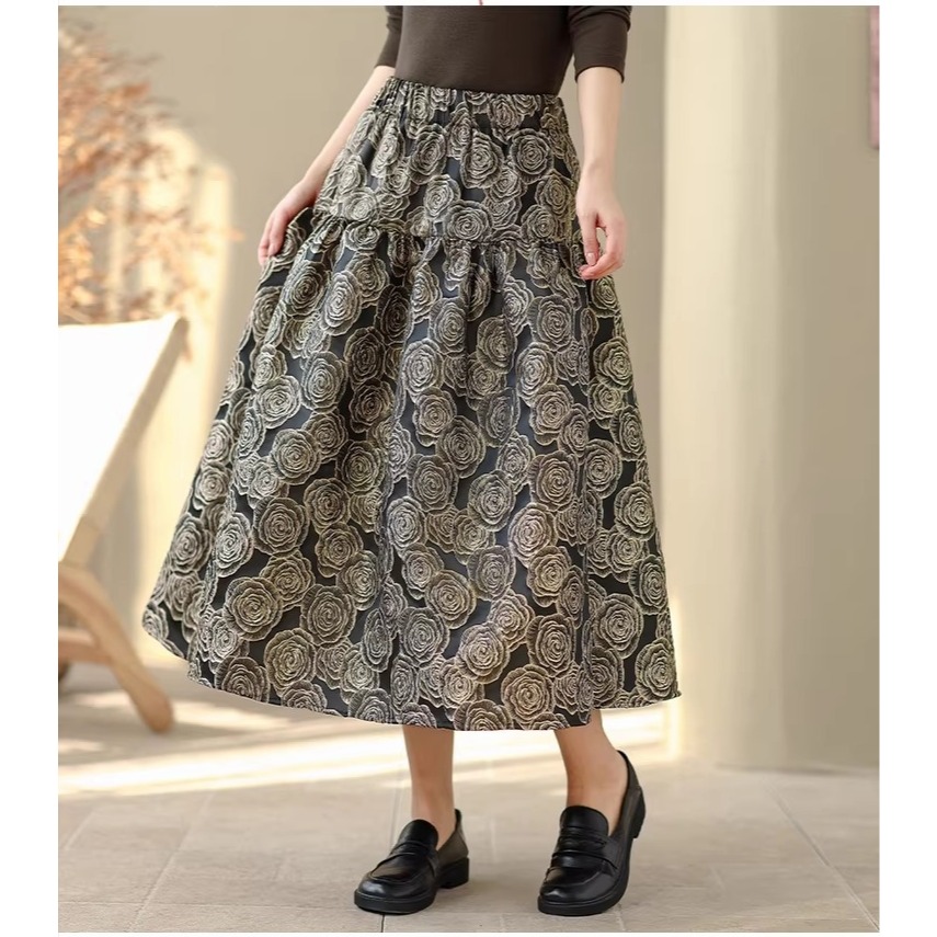 漾貝比【9155796】中大尺碼女裝 氣質鬆緊腰浮雕緹花中長版蓬蓬裙(28-38)-細節圖6