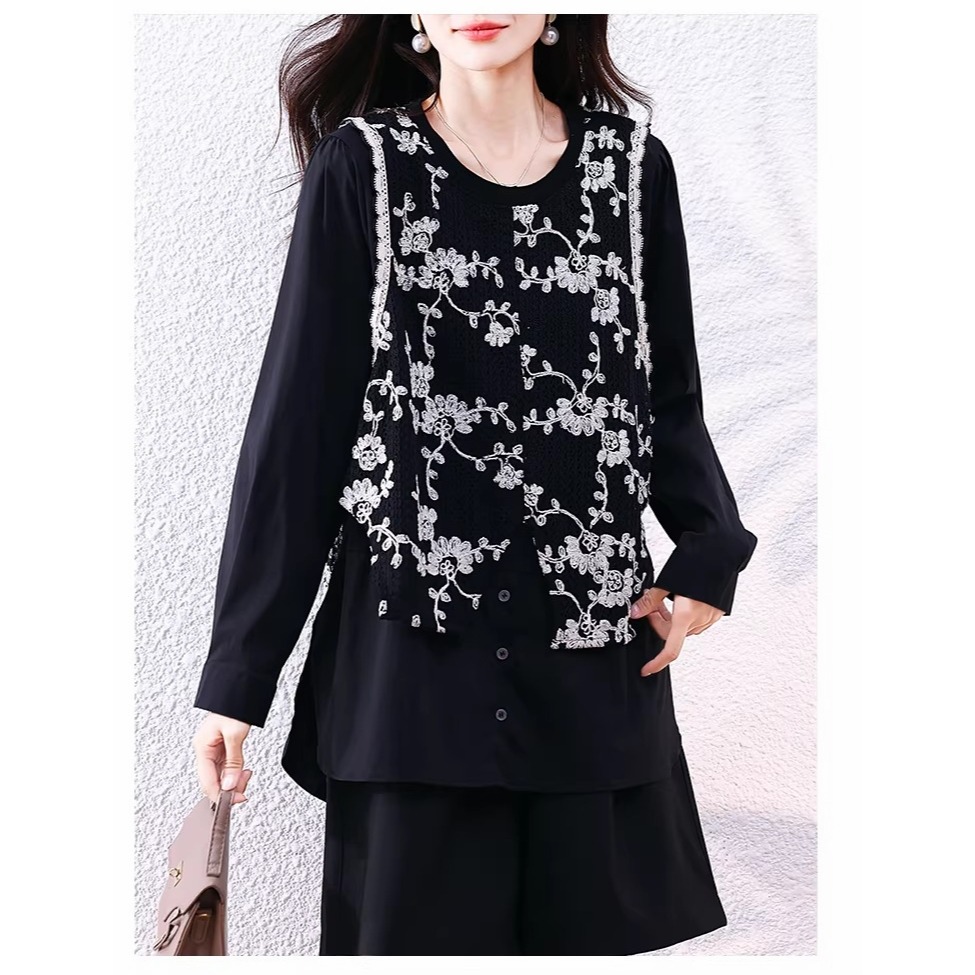 漾貝比【9155797】中大尺碼女裝 優雅圓領襯衫拼接蕾絲繡花中長版上衣(36-46)-細節圖2