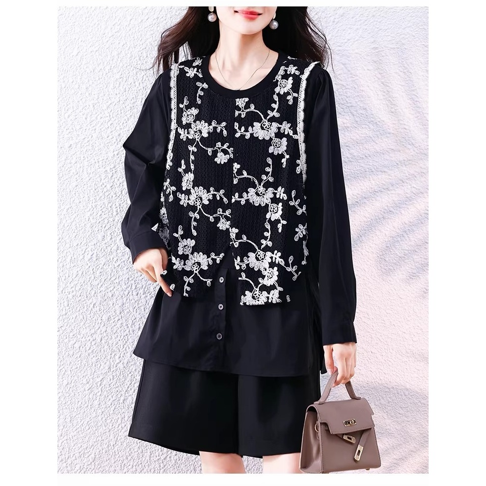 漾貝比【9155797】中大尺碼女裝 優雅圓領襯衫拼接蕾絲繡花中長版上衣(36-46)-細節圖4