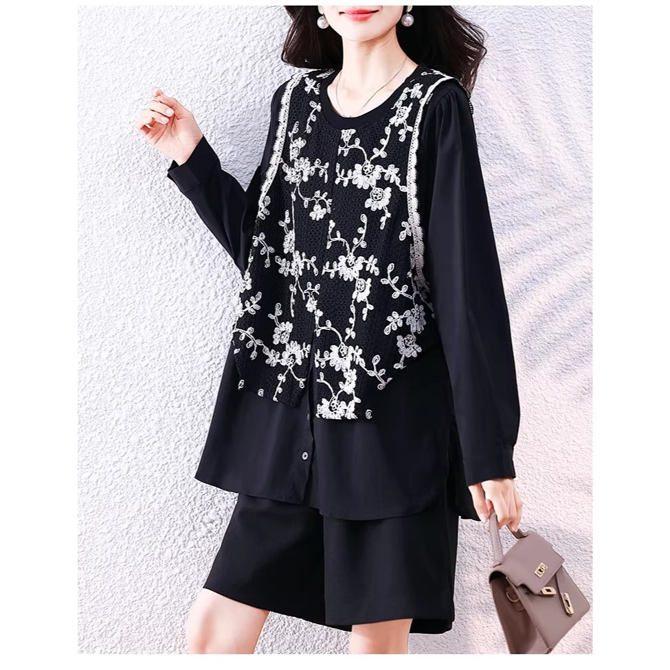 漾貝比【9155797】中大尺碼女裝 優雅圓領襯衫拼接蕾絲繡花中長版上衣(36-46)-細節圖5