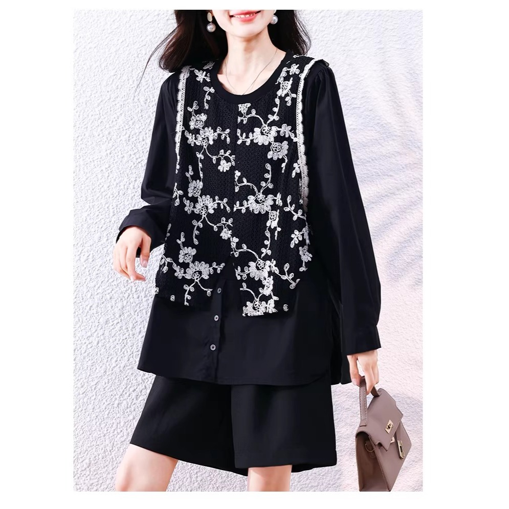 漾貝比【9155797】中大尺碼女裝 優雅圓領襯衫拼接蕾絲繡花中長版上衣(36-46)-細節圖7