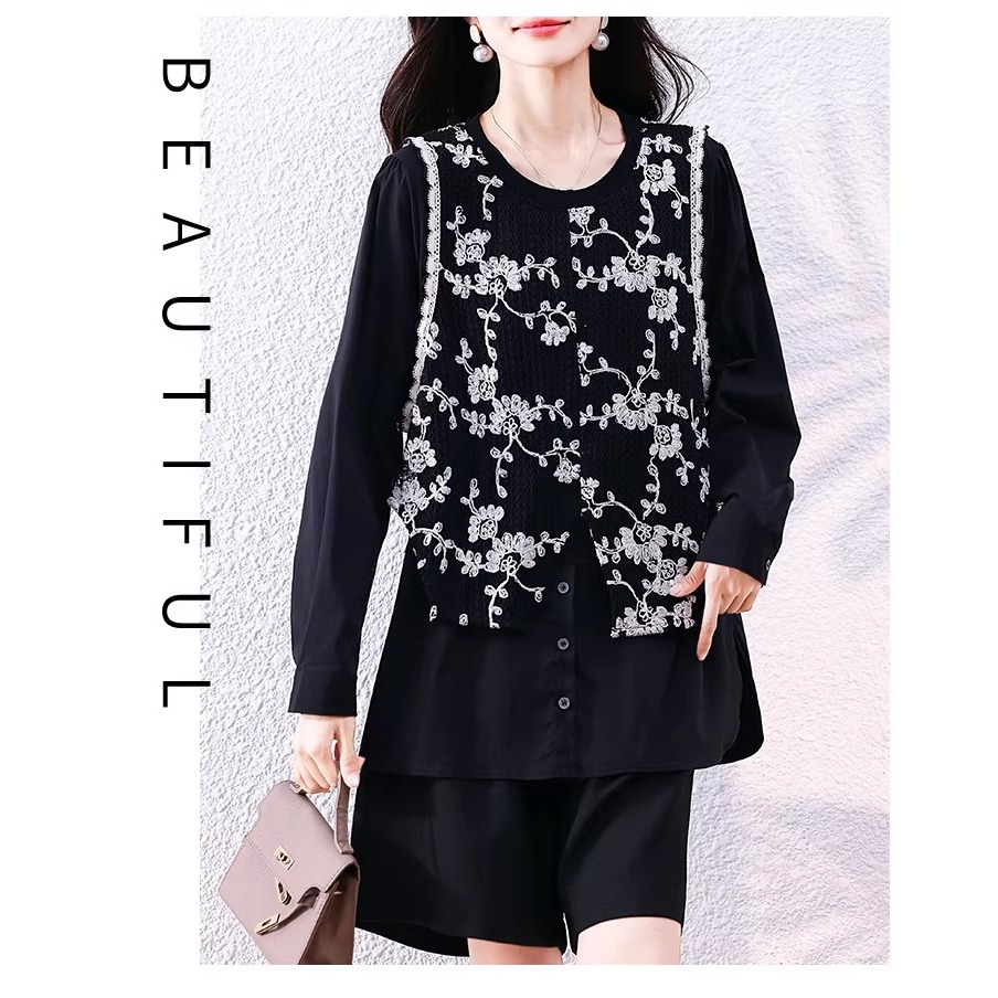 漾貝比【9155797】中大尺碼女裝 優雅圓領襯衫拼接蕾絲繡花中長版上衣(36-46)-細節圖8