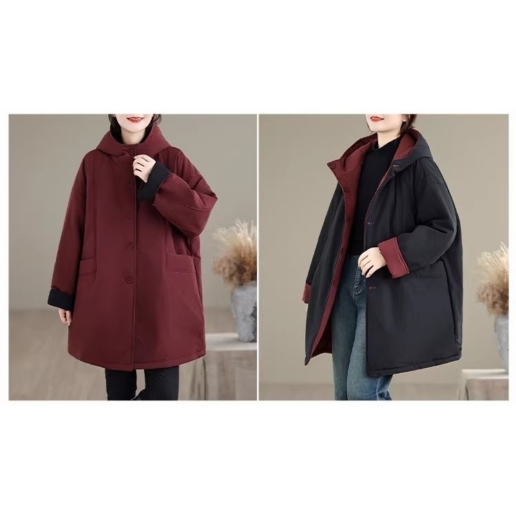 漾貝比【9155798】中大尺碼女裝 兩面穿雙色口袋連帽夾棉中長版外套(38-53)-細節圖2