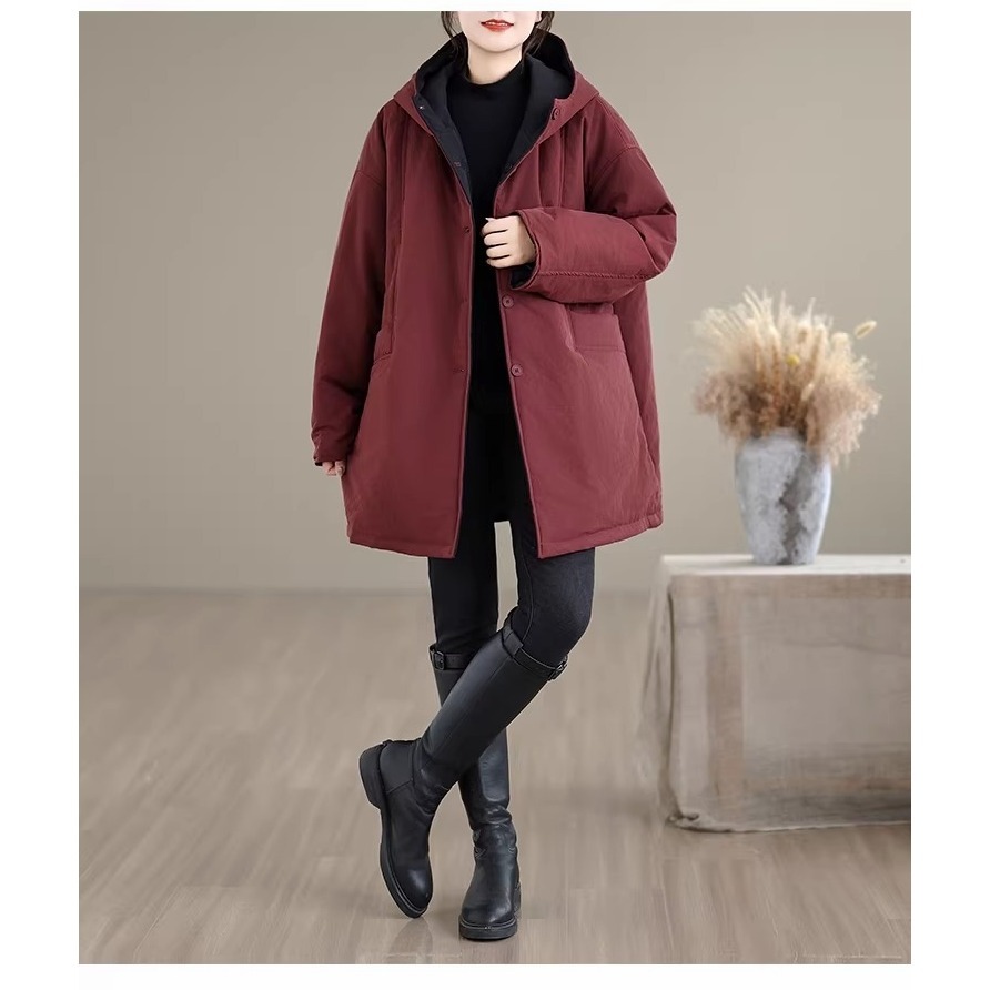 漾貝比【9155798】中大尺碼女裝 兩面穿雙色口袋連帽夾棉中長版外套(38-53)-細節圖3