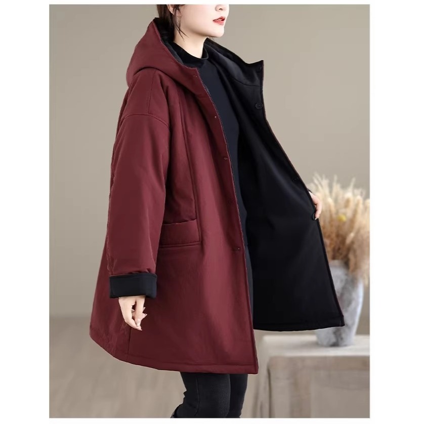 漾貝比【9155798】中大尺碼女裝 兩面穿雙色口袋連帽夾棉中長版外套(38-53)-細節圖4