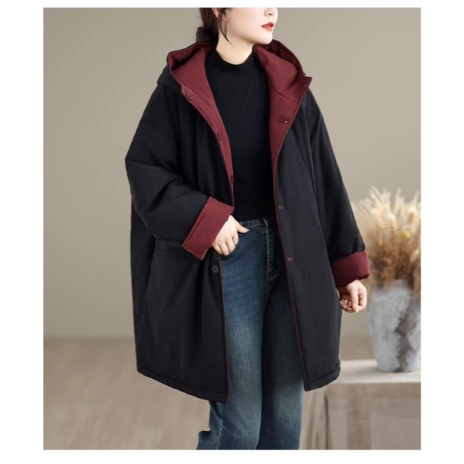 漾貝比【9155798】中大尺碼女裝 兩面穿雙色口袋連帽夾棉中長版外套(38-53)-細節圖7