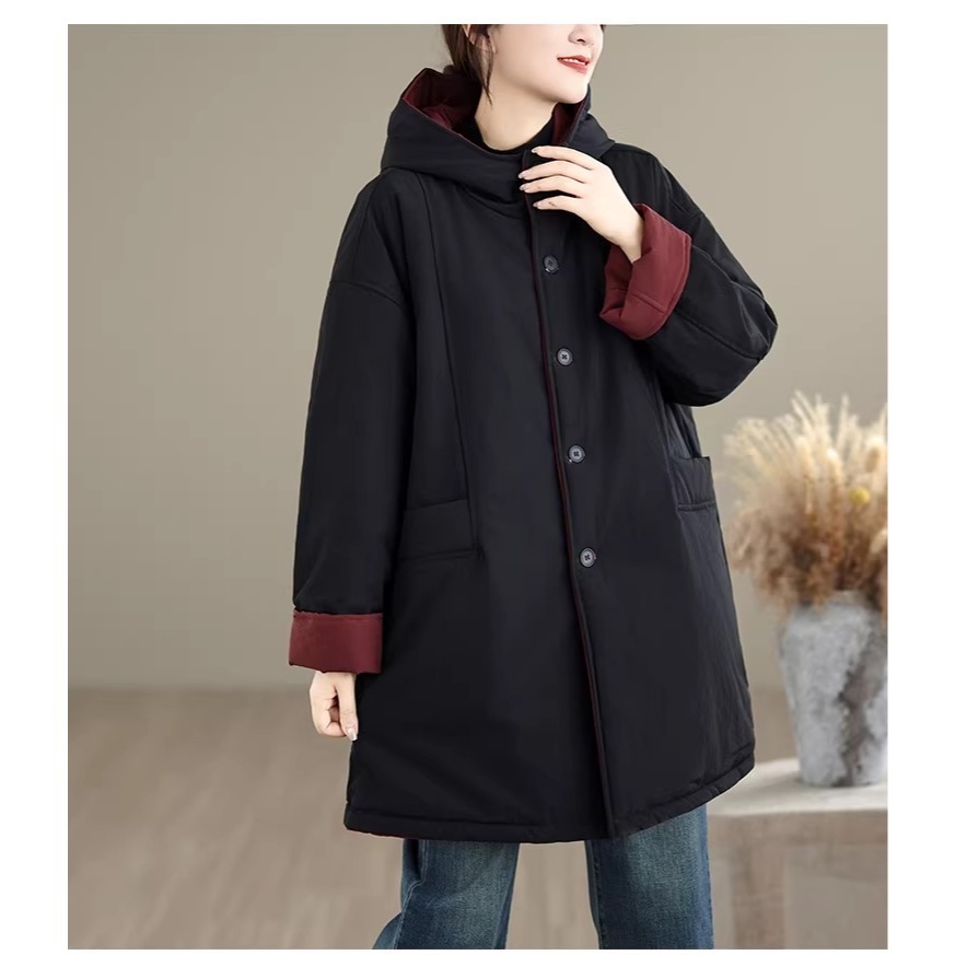 漾貝比【9155798】中大尺碼女裝 兩面穿雙色口袋連帽夾棉中長版外套(38-53)-細節圖8