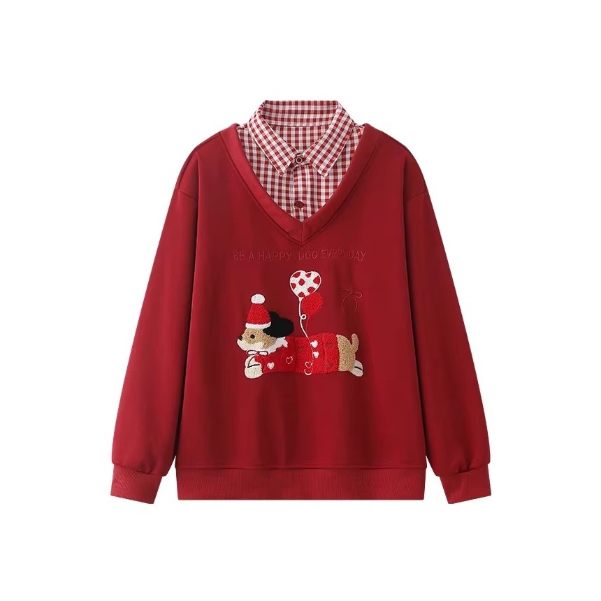 漾貝比【9155800】中大尺碼女裝 美式復古刺繡臘腸狗拼接格紋假兩件式上衣(38-58)-細節圖6