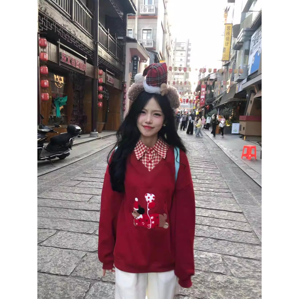 漾貝比【9155800】中大尺碼女裝 美式復古刺繡臘腸狗拼接格紋假兩件式上衣(38-58)-細節圖7