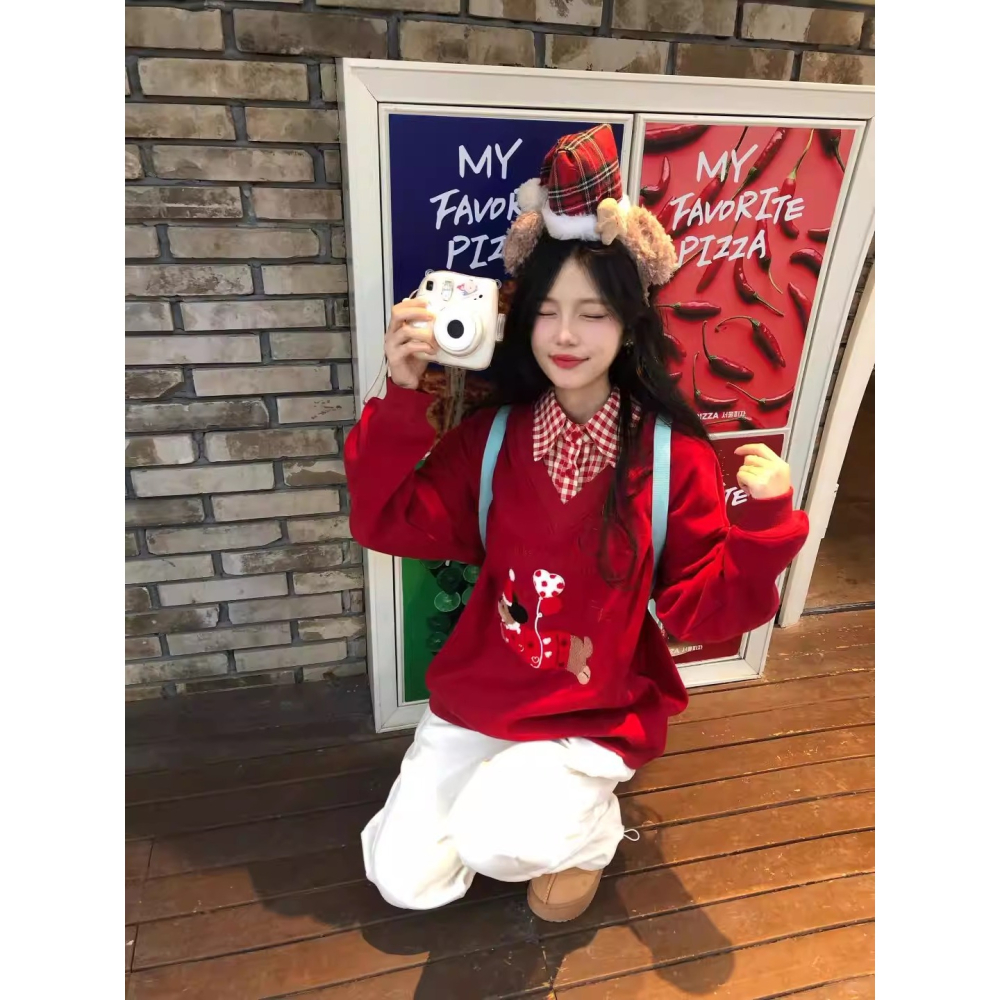 漾貝比【9155800】中大尺碼女裝 美式復古刺繡臘腸狗拼接格紋假兩件式上衣(38-58)-細節圖8