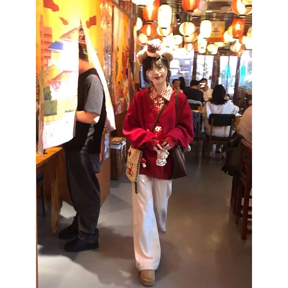 漾貝比【9155800】中大尺碼女裝 美式復古刺繡臘腸狗拼接格紋假兩件式上衣(38-58)-細節圖4