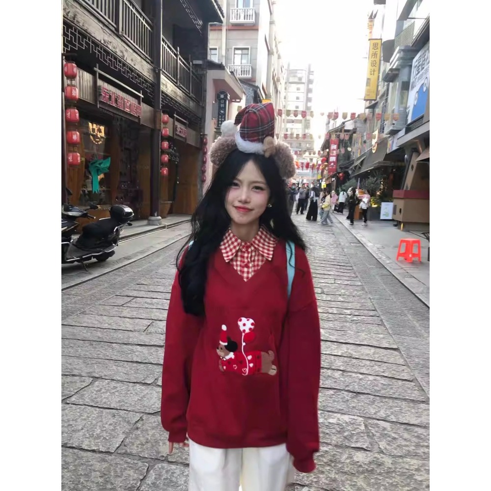 漾貝比【9155800】中大尺碼女裝 美式復古刺繡臘腸狗拼接格紋假兩件式上衣(38-58)-細節圖7